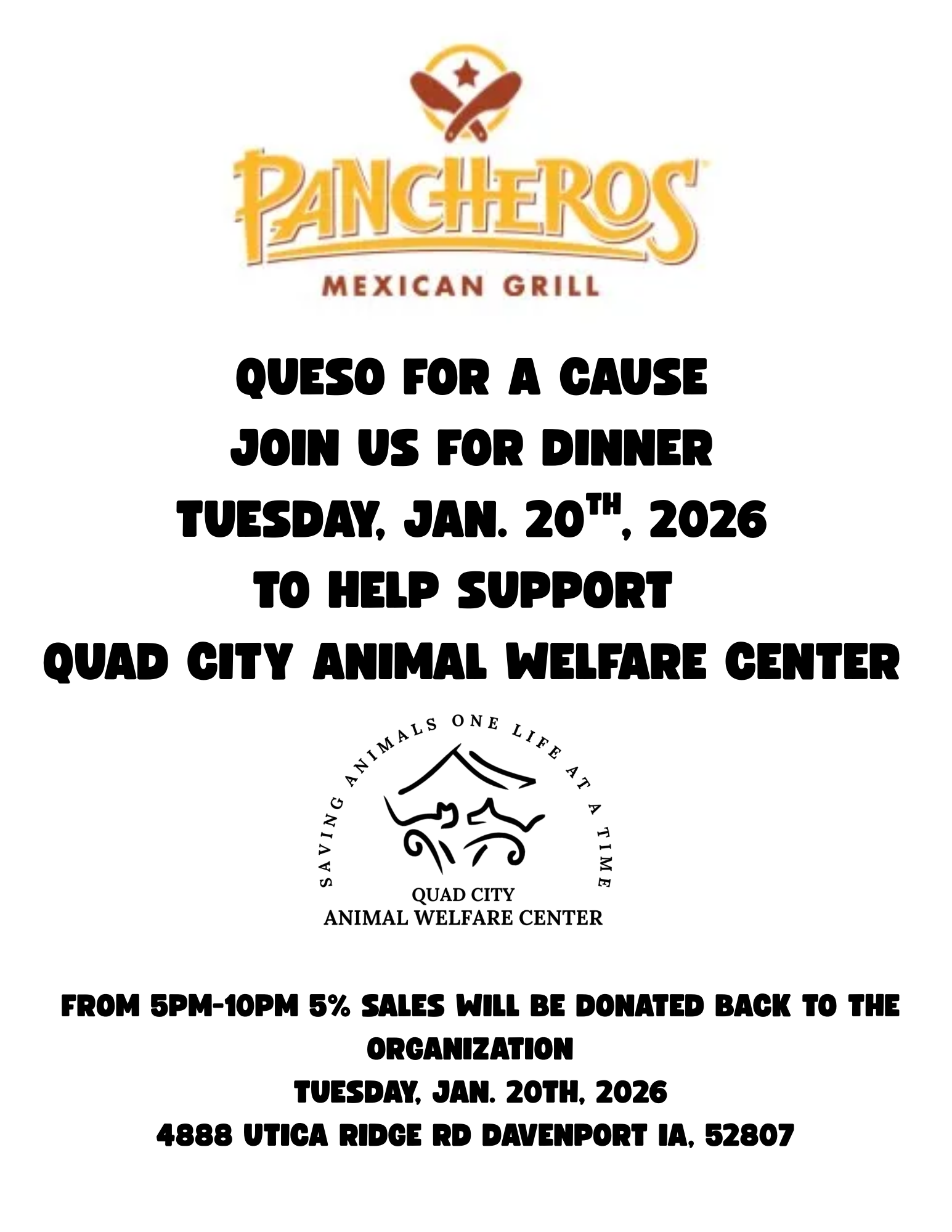 Queso for a cause join us for dinner june 4th 2025. to help support quad city animal welfare center 1